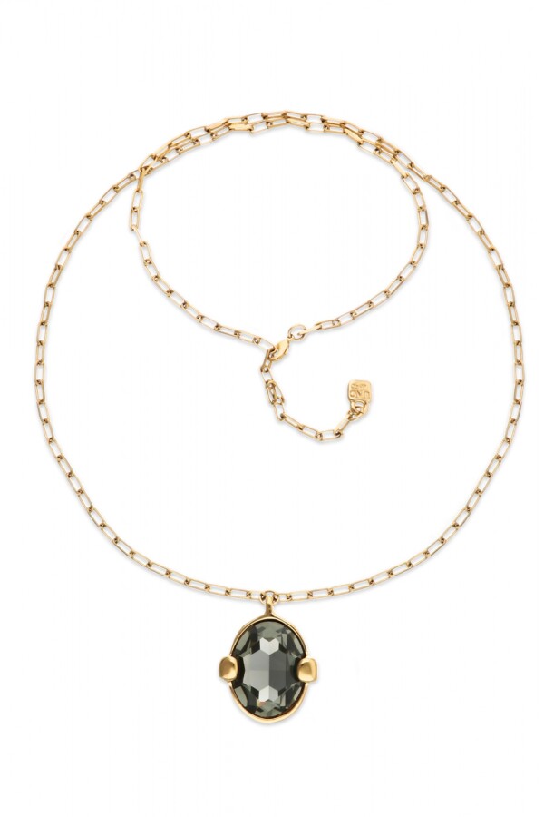 COLLAR LARGO CON CRISTAL FACETADO GRIS DE ALEACIÓN DE METALES BAÑADO EN ORO 18K Colgante
