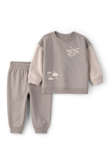 Set dos piezas de algodón, pantalón y buzo, gris, estampa helicóptero Sin color