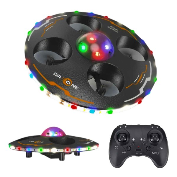 Drone Ovni Ufo Nave Espacial Luces RGB Control Remoto 80 Mts Color Negro