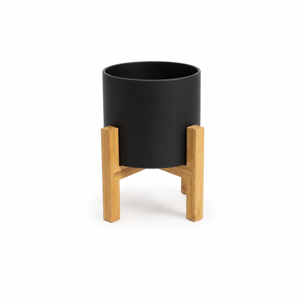 MACETA CERÁMICA M CON SOPORTE DE MADERA - NEGRO 