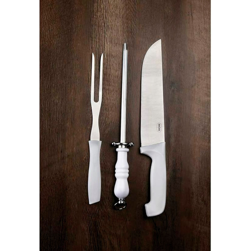 Set asador 3 piezas: Cuchillo, tenedor y chaira mango blanco BLANCO