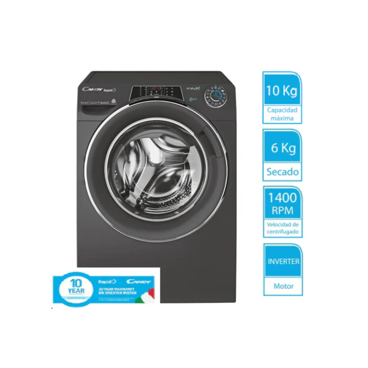 Lavasecarropas Candy Inverter ROW41066DWHCR 10 Kg - Gris Oscuro 