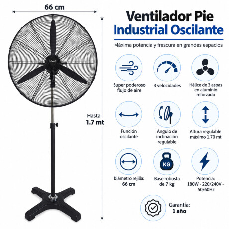 Ventilador Pie Industrial Oscilante 3 Vel 180W Cuori Uragano Negro