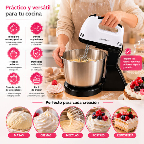 Batidora Con Bowl Giratorio Acero inox 7 Vel 300w Motor Blanco