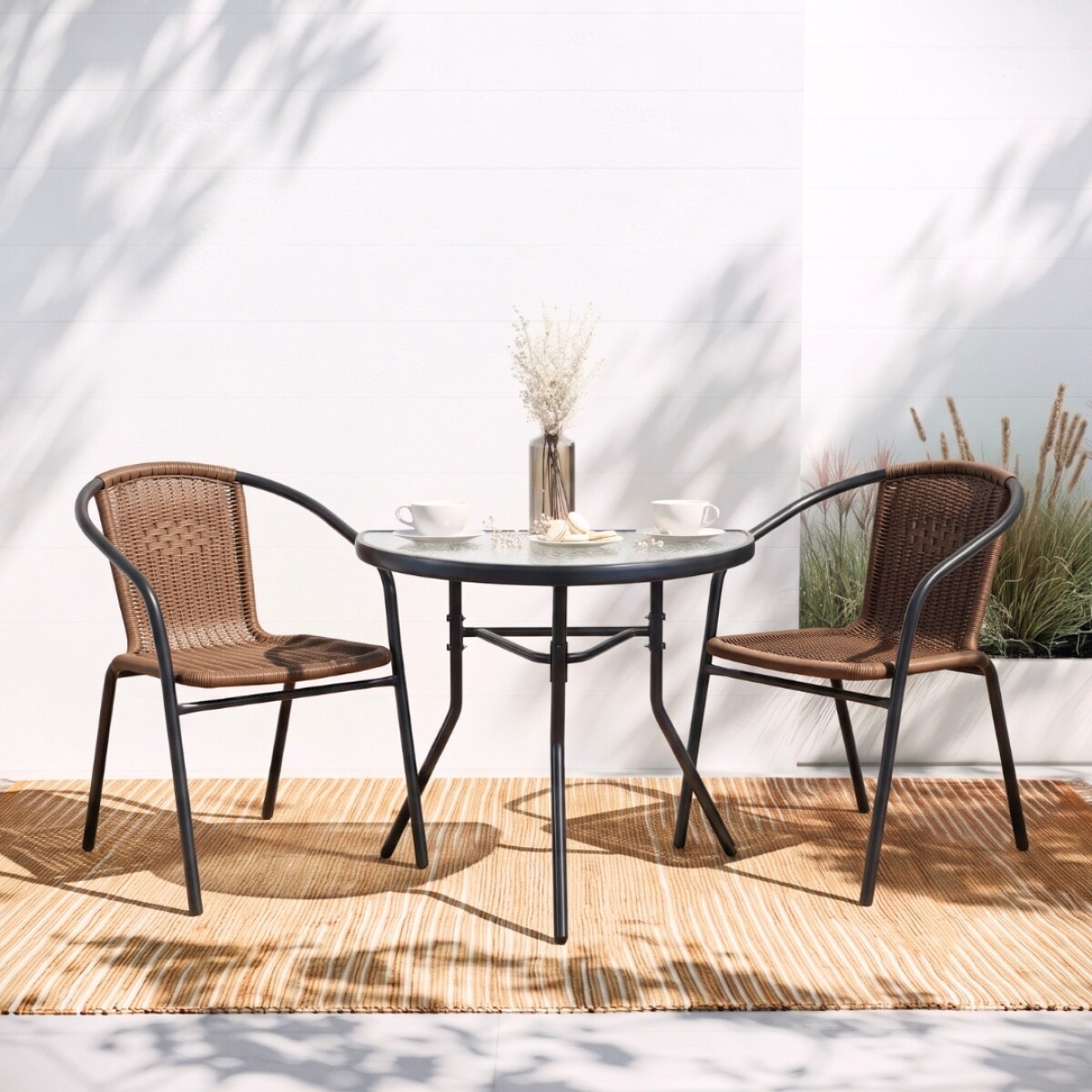 Set De Jardín Mesa De Vidrio + 2 Sillas Símil Rattan - Marron Oscuro 