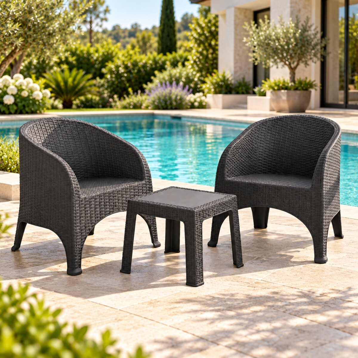 Juego de 2 sillones Olivia con almohadón + Mesa 43x43 - GRIS 
