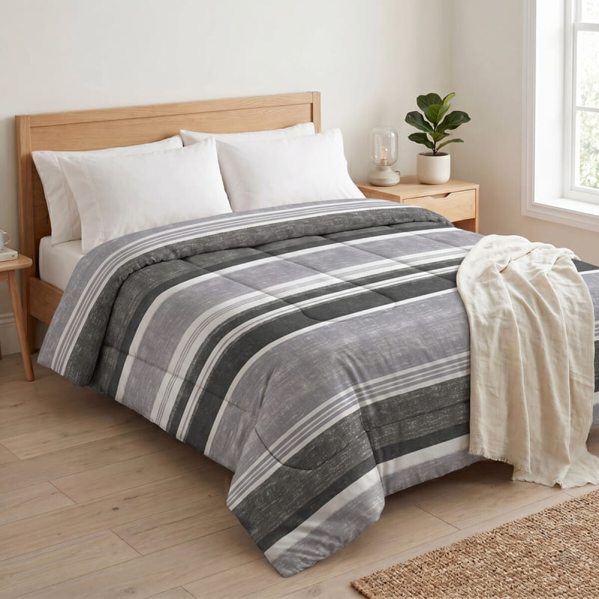 Acolchado 2 Plazas Doble Faz Microfibra Térmico 195 x 230cm - Franjas Blanco y Negro 