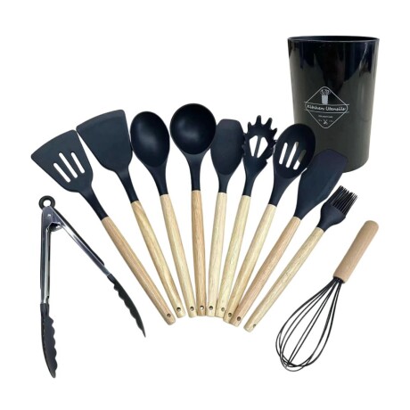 Utensilios Cocina Menage Juego Set X12 Madera Y Silicona Color Negro