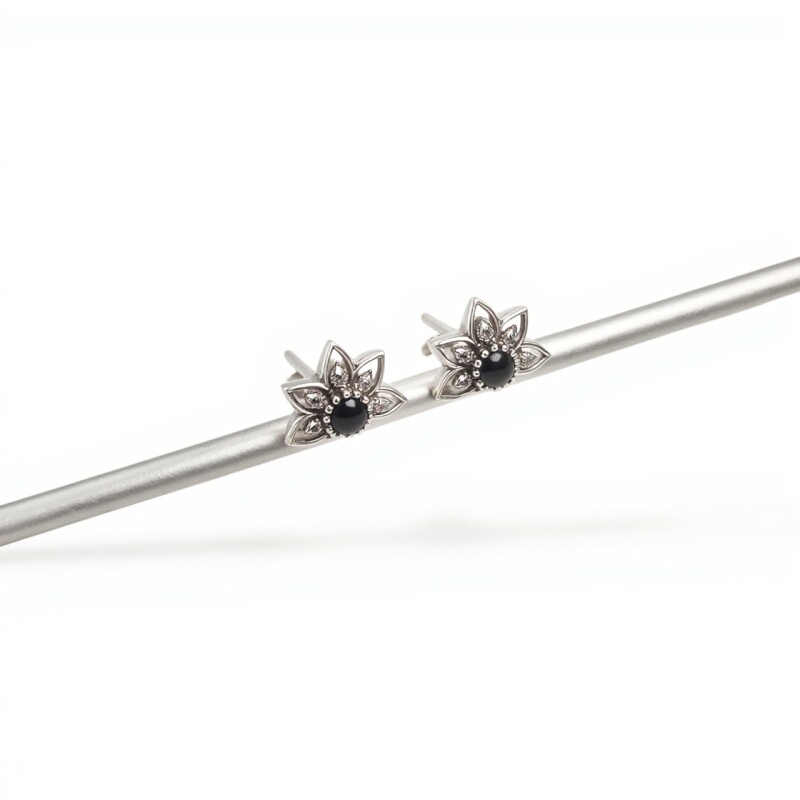 Caravanas Media flor-Plata 925-Piedra ónix-CA3317 conpiedra