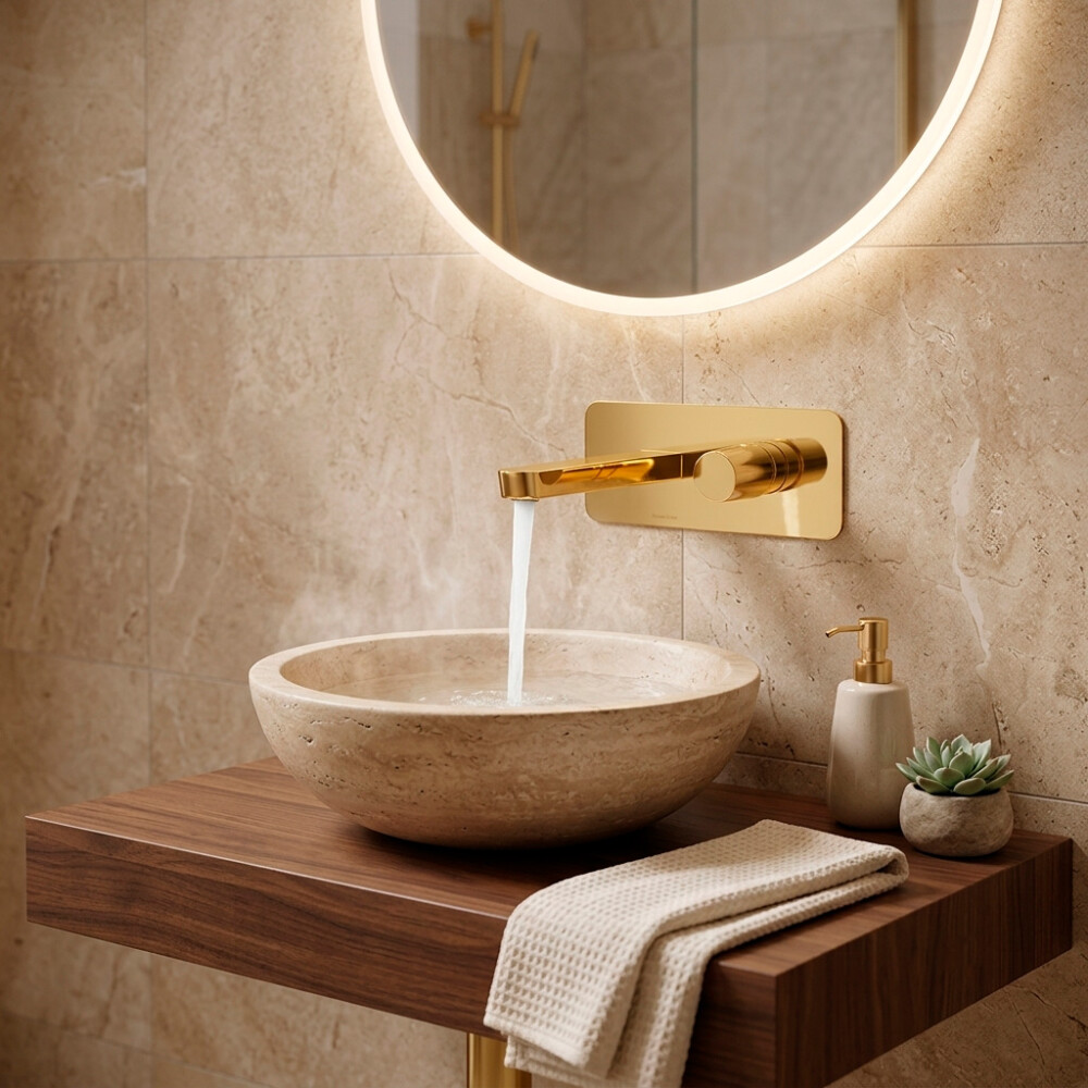 GRIFERÍA DE LAVATORIO PARA PARED MODELO TZAR ORO CEPILLADO 342001OC Grifería De Lavatorio Para Pared Modelo Tzar Oro Cepillado 342001oc
