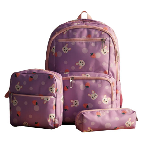 Set Mochila 3 Piezas Diseño Frutillitas Escolar Resistente Lila
