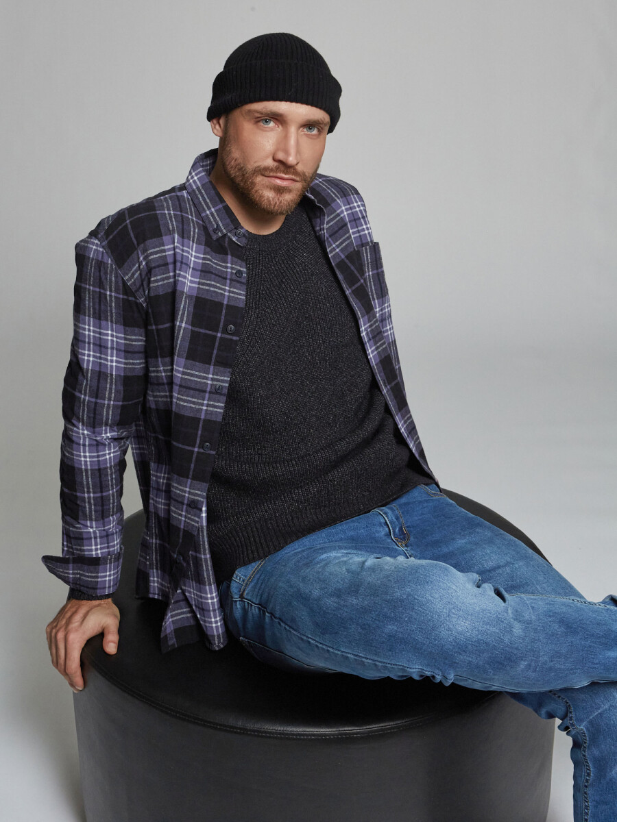 Camisa m/l franela cuadros - negro 