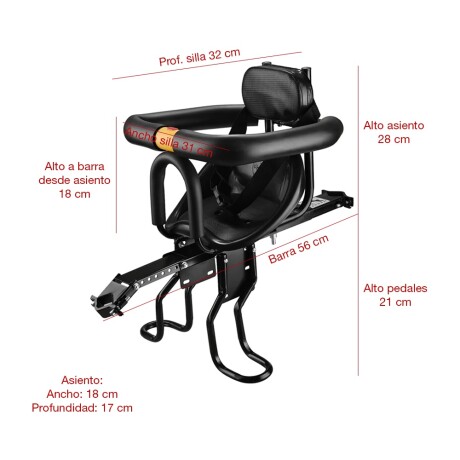 Silla Frontal Bicicleta Bebés Niños Barra Seguridad Posapiés Negro