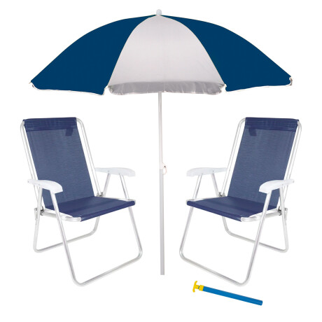 Set Sombrilla + Sillas x2 Pleg + Saca Arena Playa MOR Azul Marino/plata