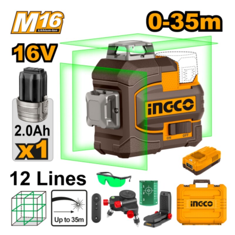 Nivel Láser INGCO 3D verde a batería + Valija + Accesorios Nivel Láser INGCO 3D verde a batería + Valija + Accesorios