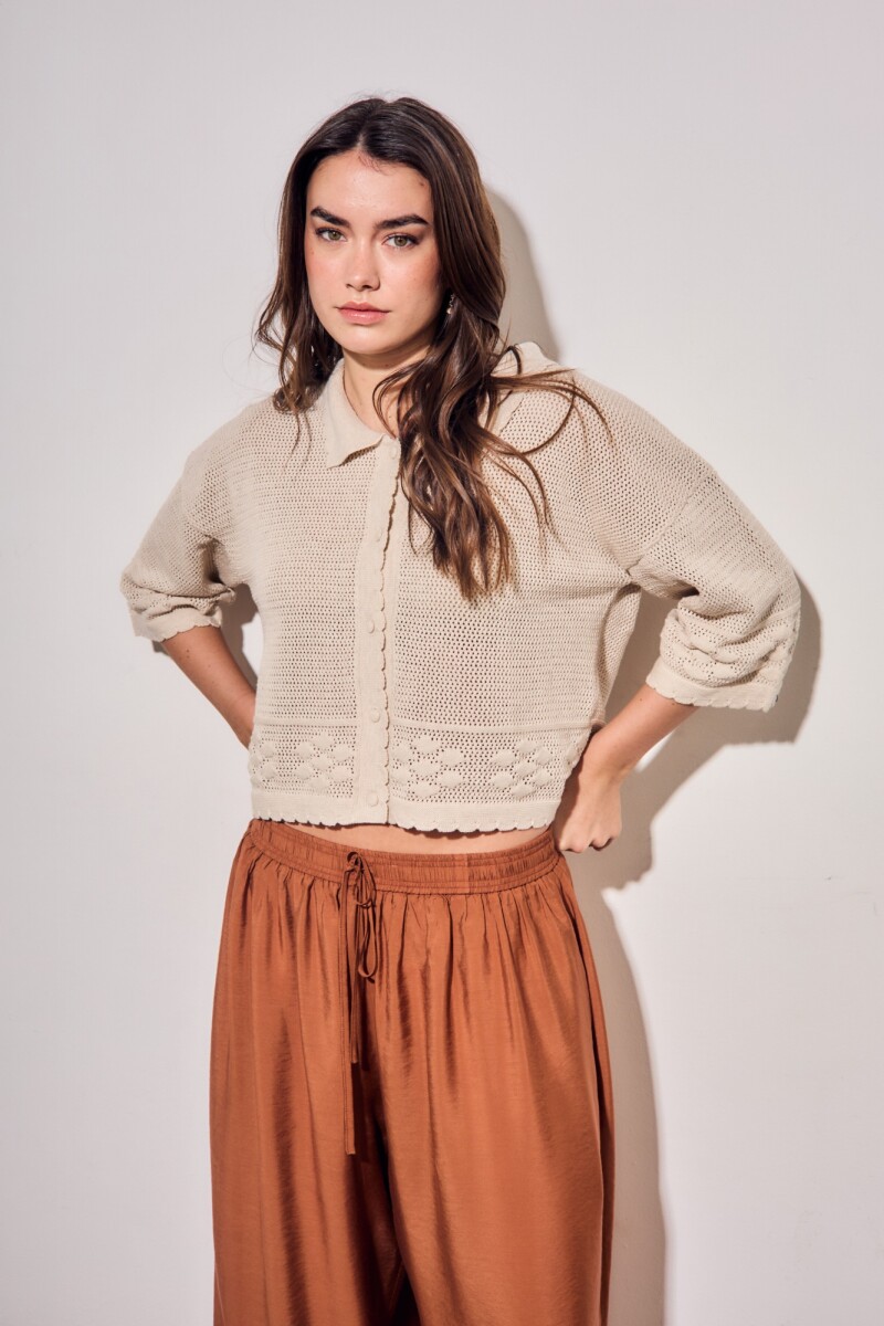 Cardigan Texturado Crochet Flores Beige Melange