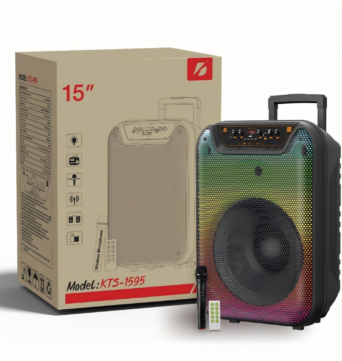 Parlante bluetooth KTS1595 15" luces LED con ruedas, control y micrófono 