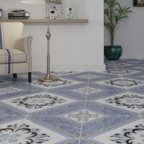 CERAMICA GEOMETRICA 45X45 BRILLANTE AZUL DECORADA GAMAS DE AZUL