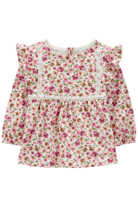 Blusa de algodón, con volado y ribete, diseño floral Blusa de algodón, con volado y ribete, diseño floral