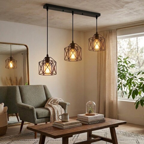 Lampara De Techo Colgante De 3 Luces Jaula Metal Moderna IMBACK Color Negro Lampara De Techo Colgante De 3 Luces Jaula Metal Moderna IMBACK Color Negro