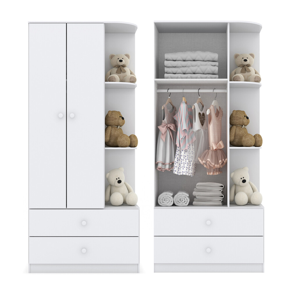 Ropero infantil 2 puertas 2 cajones con estantería externa BLANCO