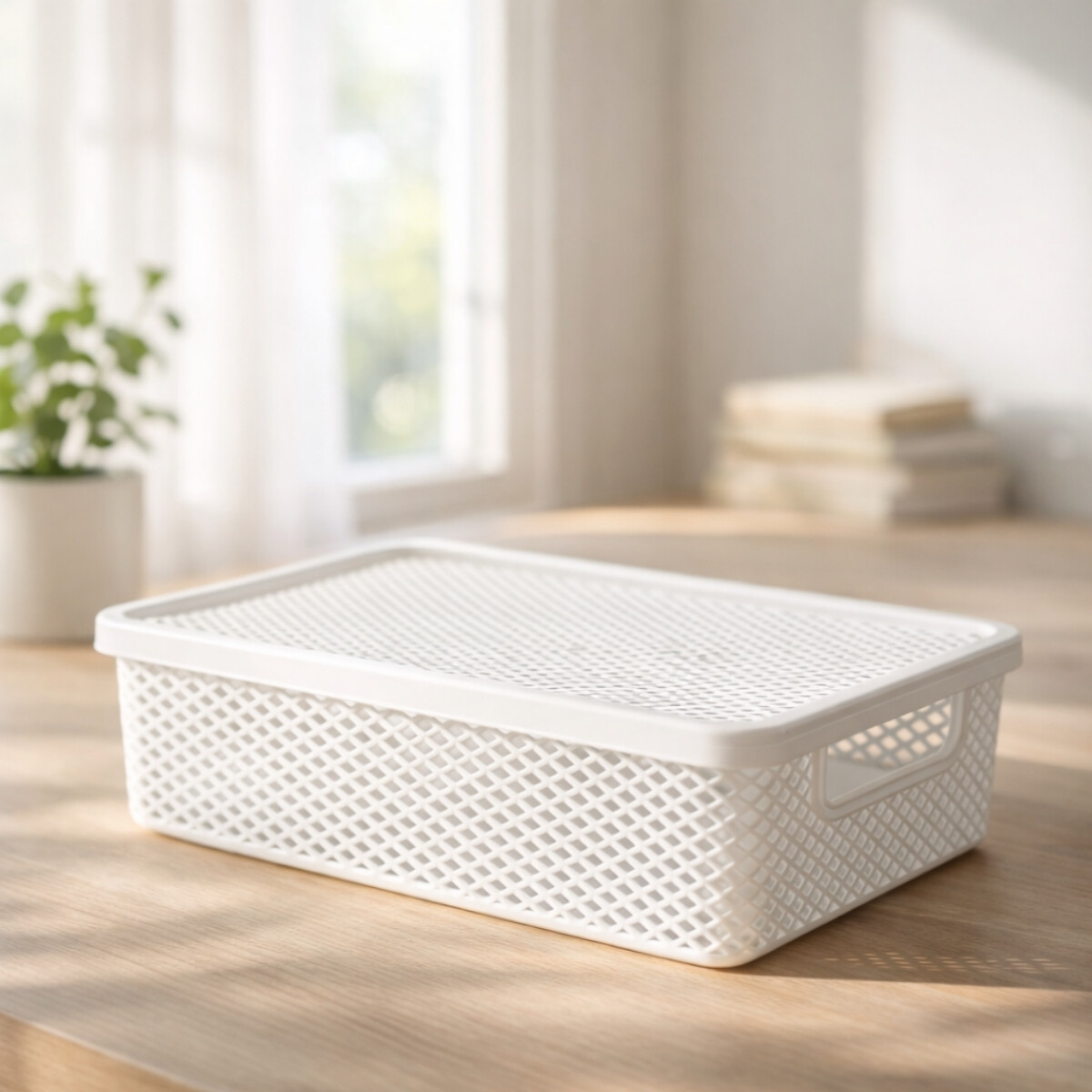 Cesto organizador calado línea con tapa M - BLANCO 