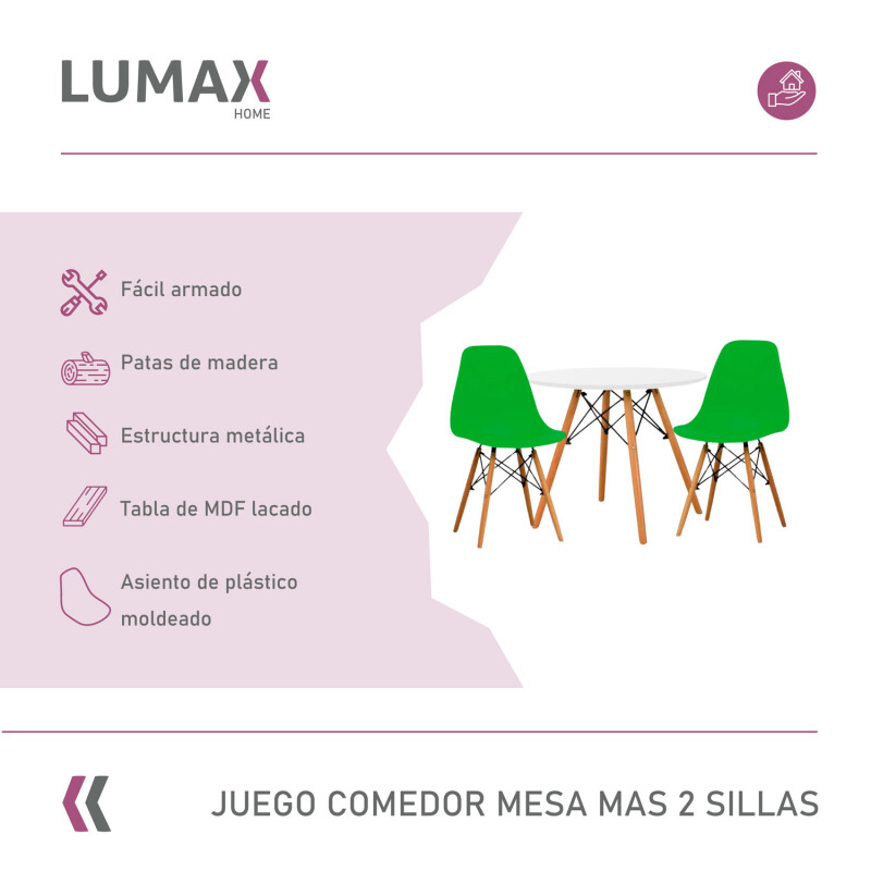 Juego de comedor Con Mesa Circular de 80cm + 2 Sillas Eames Verde
