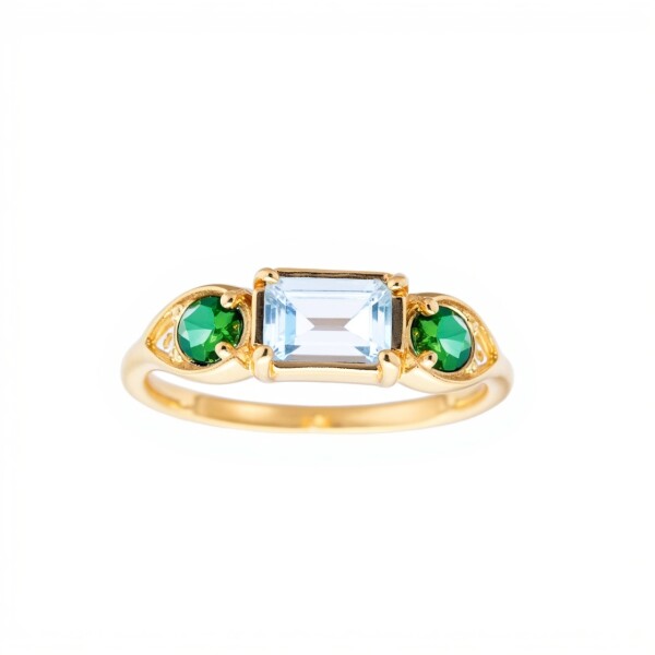 Anillo Halo-Plata rodinada con micra oro 18k-Piedra Topacio azul y Esmeraldas-AN2002 conpiedra