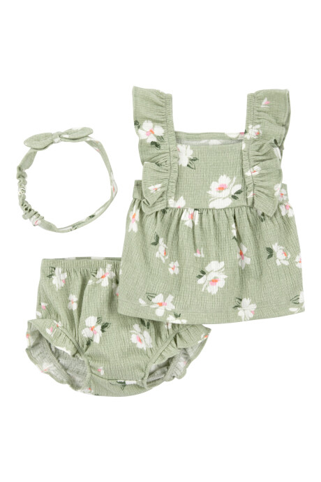 Set tres piezas de jersey arrugado, short, blusa y vincha, diseño floral Sin color
