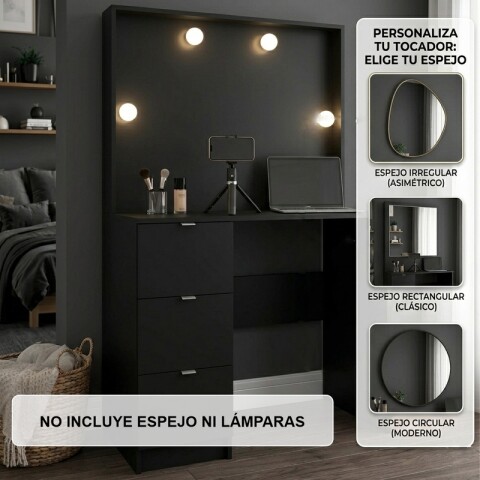 Tocador de Maquillaje Vanity 3 Cajones Para Personalizar y Porta Lámparas (Sin espejo) - Negro Tocador de Maquillaje Vanity 3 Cajones Para Personalizar y Porta Lámparas (Sin espejo) - Negro