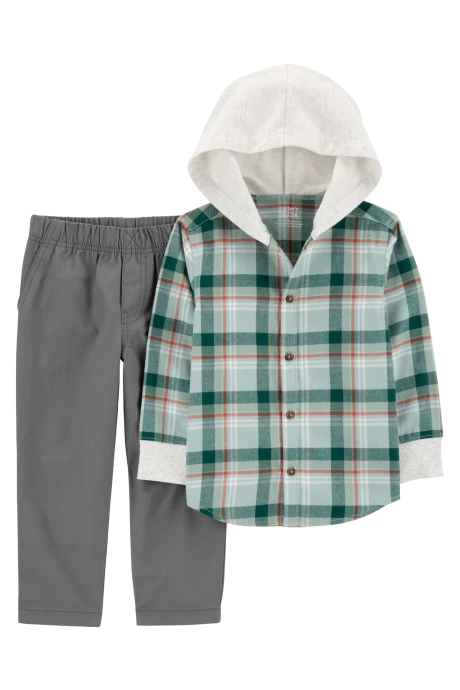Set dos piezas, pantalón de lona y camisa de franela con capucha Set dos piezas, pantalón de lona y camisa de franela con capucha