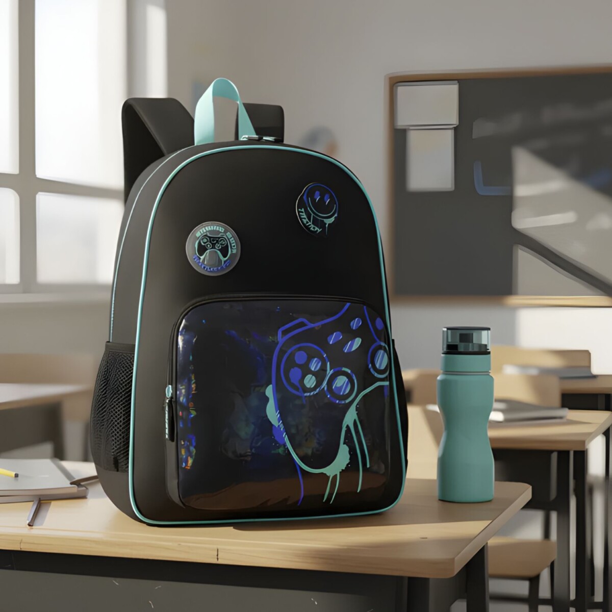 Mochila Trendy Escolar con porta botellas y llavero - Negro 