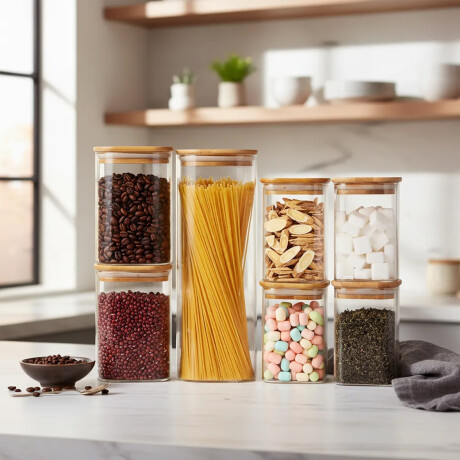 Set X7 Tarros Herméticos Cocina Tapa Bambú Organizadores Transparente