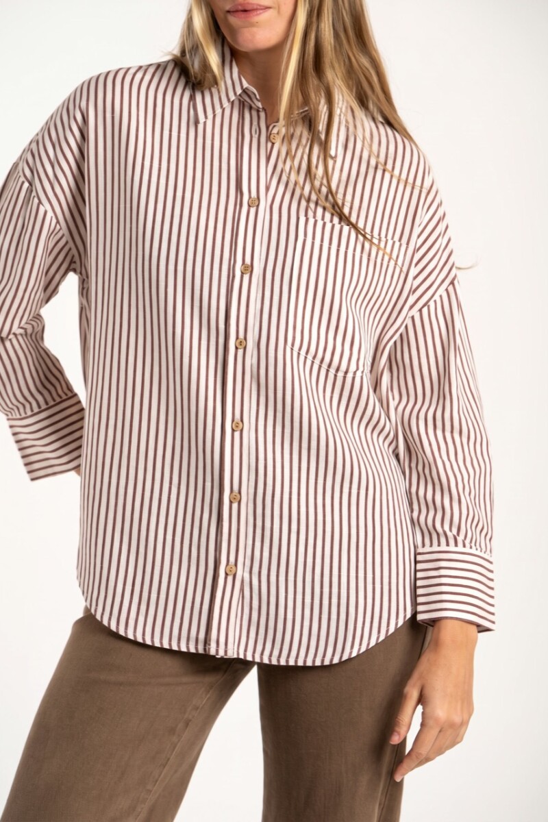 Camisa Rayada Con Lino Chocolate