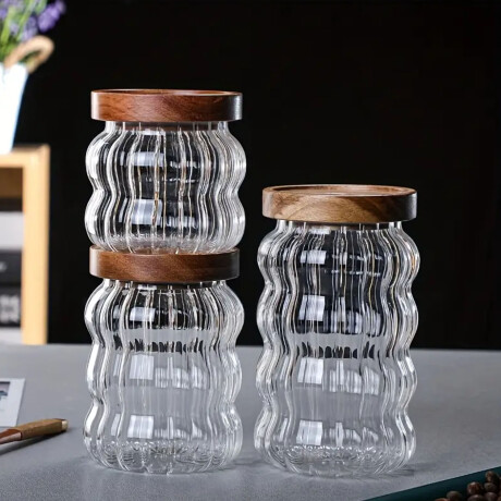 Frasco Recipiente Tarro Waves en Vidrio y Tapa Madera 680Gr Transparente