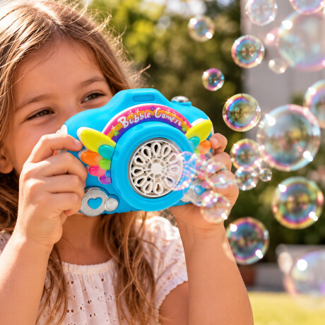 Burbujero con forma de cámara y correa para niños Celeste