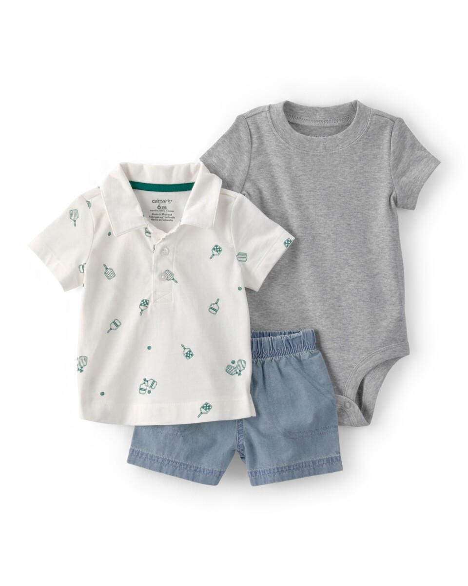 Set tres piezas, short de chambray, remera polo y body de algodón 