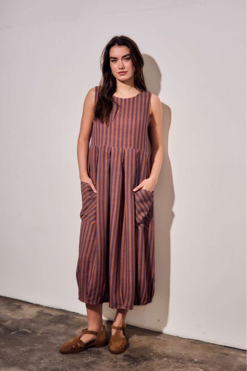 Vestido Rayado Con Lino - Multi 