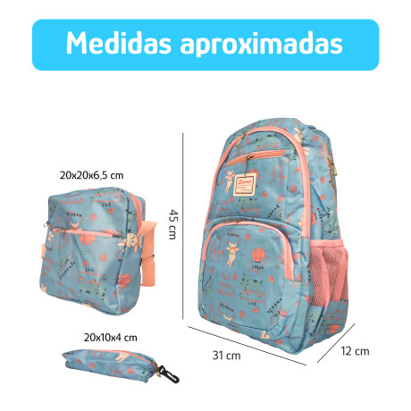 Set Mochila 3 Piezas Diseño Animalitos Escolar Resistente Celeste