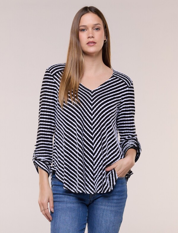 Remera Texturada A Rayas Con Escote V NEGRO/BLANCO