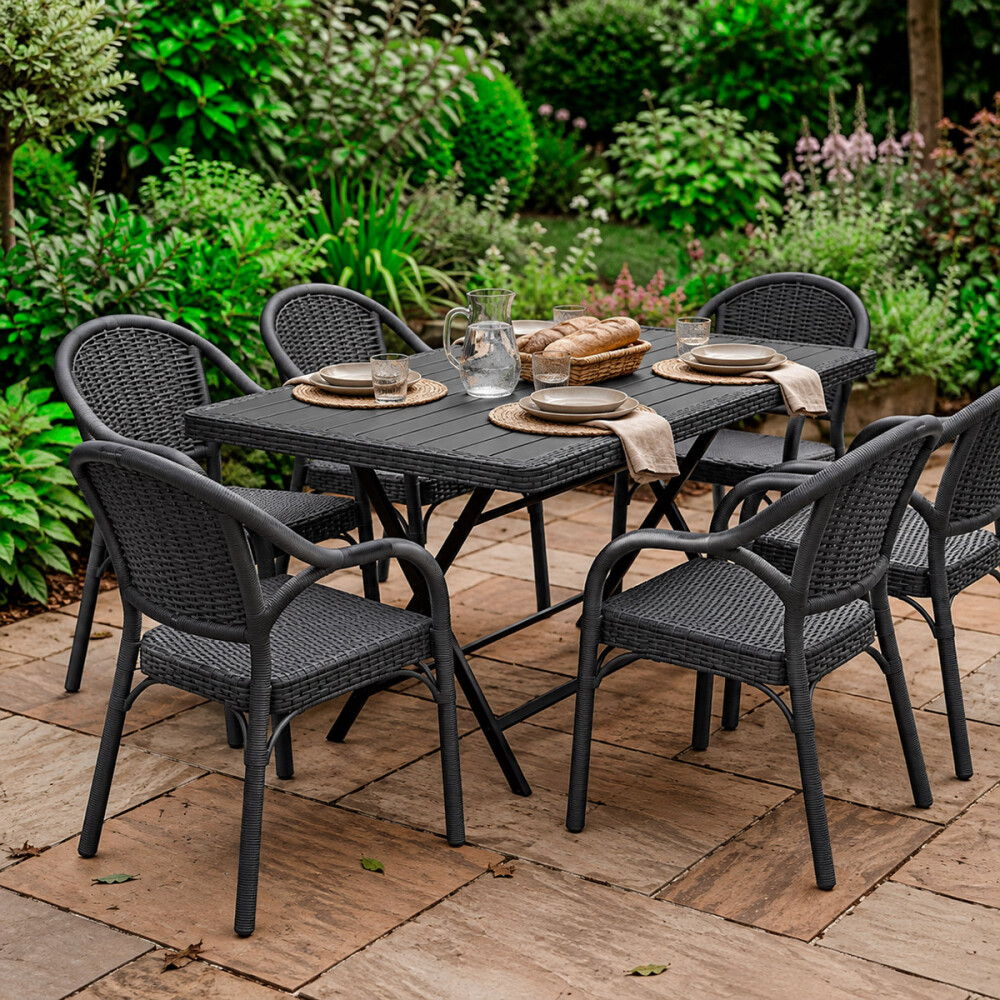 Mesa Comedor Plegable Exterior 1.20m + 6 Sillas Jardin Negro