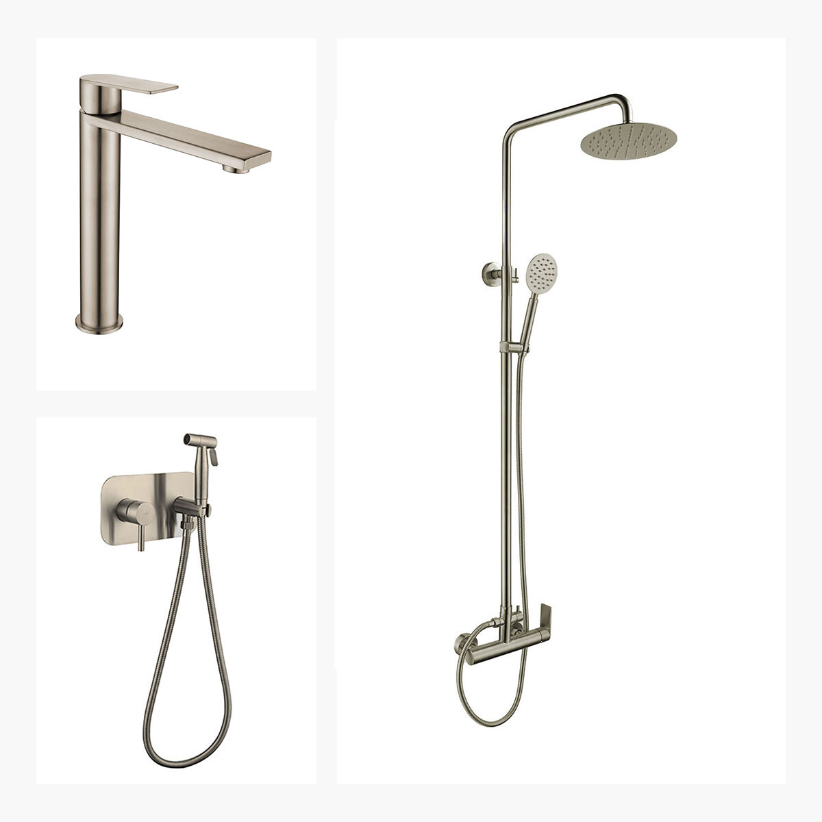 Juego De Griferia Lavatorio Alto Barral De Ducha Y Ducha Higienica Serie Salemi 