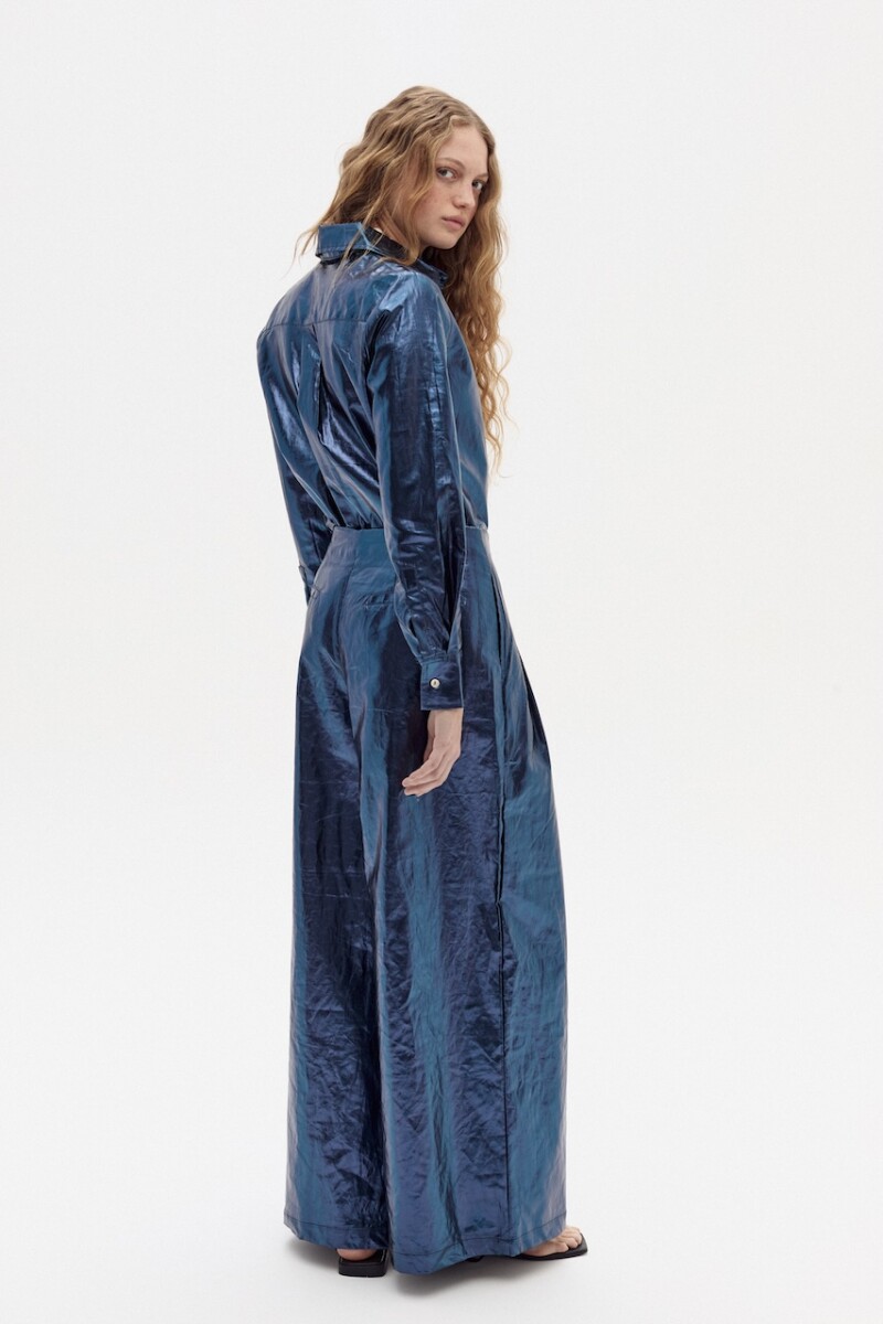Pantalón Culotte en Lino Metalizado Azul