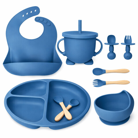 Set Alimentación Bebé Platos Silicona Libre Bpa 10 Piezas Color Azul