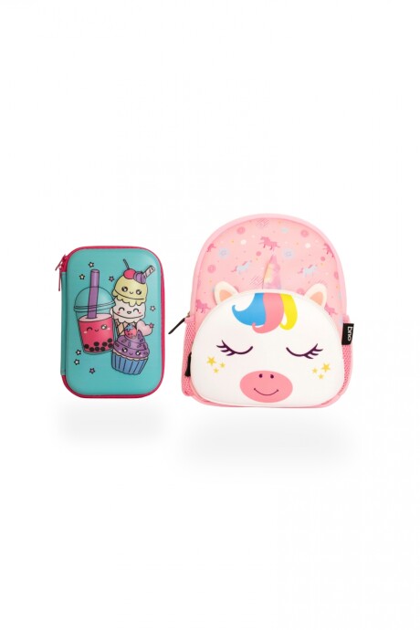 Set de mochila infantil de neopreno y cartuchera con divisiones brio set-helados-unicornio