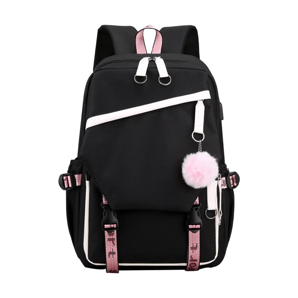 Mochila Impermeable Kawaii Estilo Coreano Notebook Usb - Variante Color Negro Y Blanco 