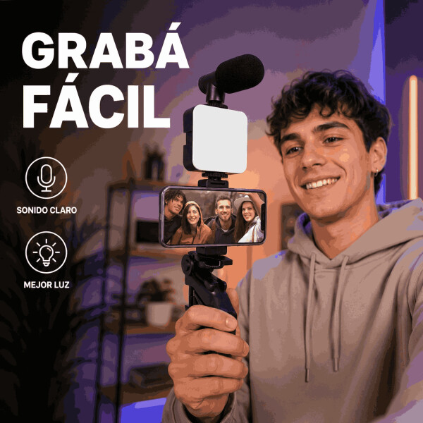 Kit de Grabación para Celular con Trípode Luz LED y Micrófono Negro