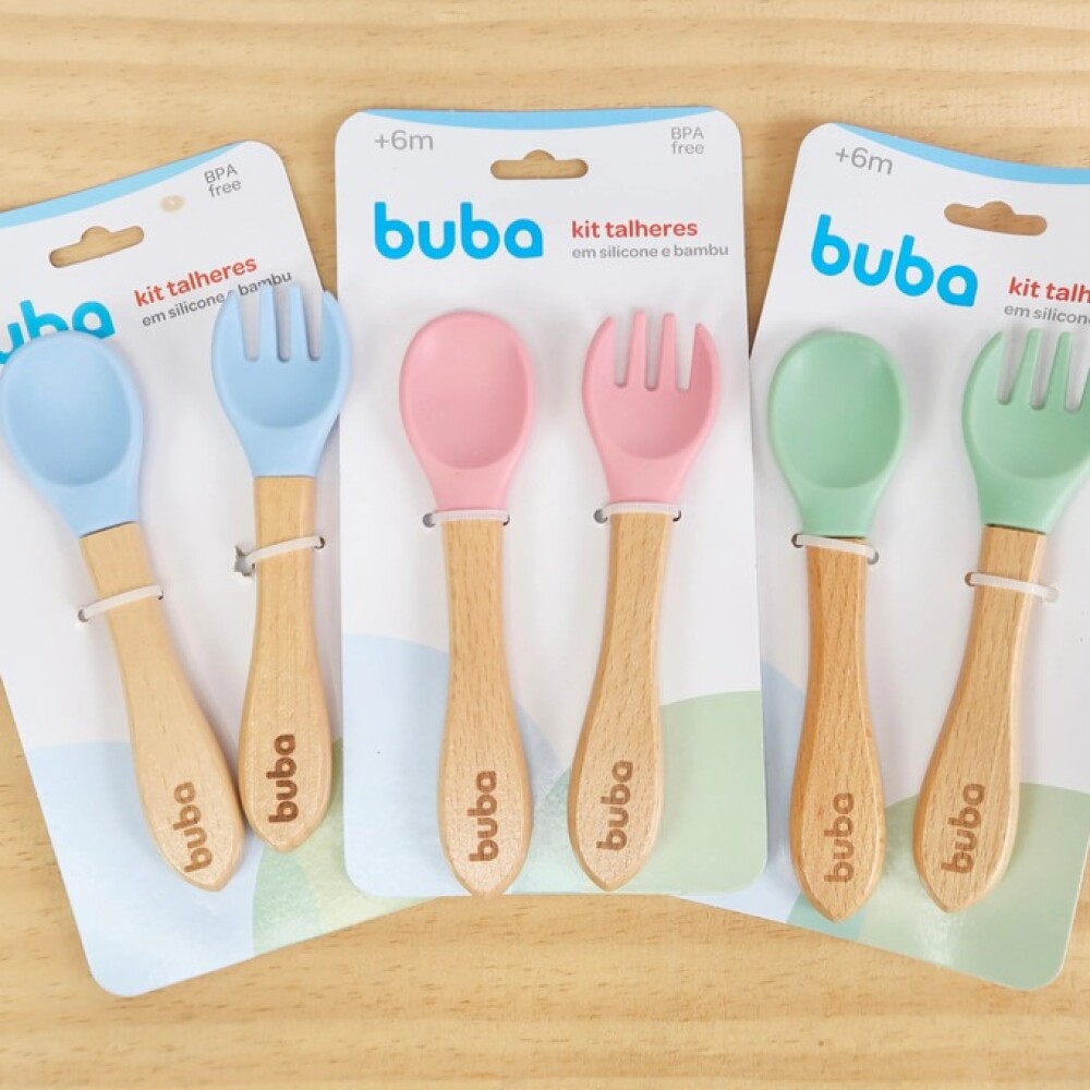 Set cubiertos silicona bambu BUBA rosa