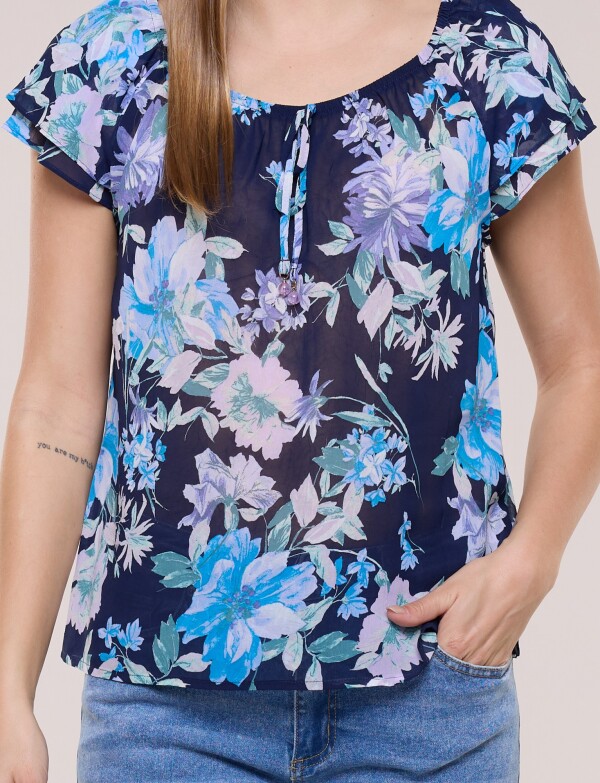 Blusa Floral Con Escote Elastizado Y Lazo MULTI/AZUL