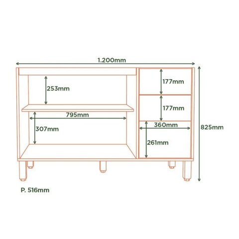 Bajo Mesada Gloria 120 cm de ancho 3 Puertas 2 Cajones Rieles Telescópicos Bajo Mesada Gloria 120 cm de ancho 3 Puertas 2 Cajones Rieles Telescópicos